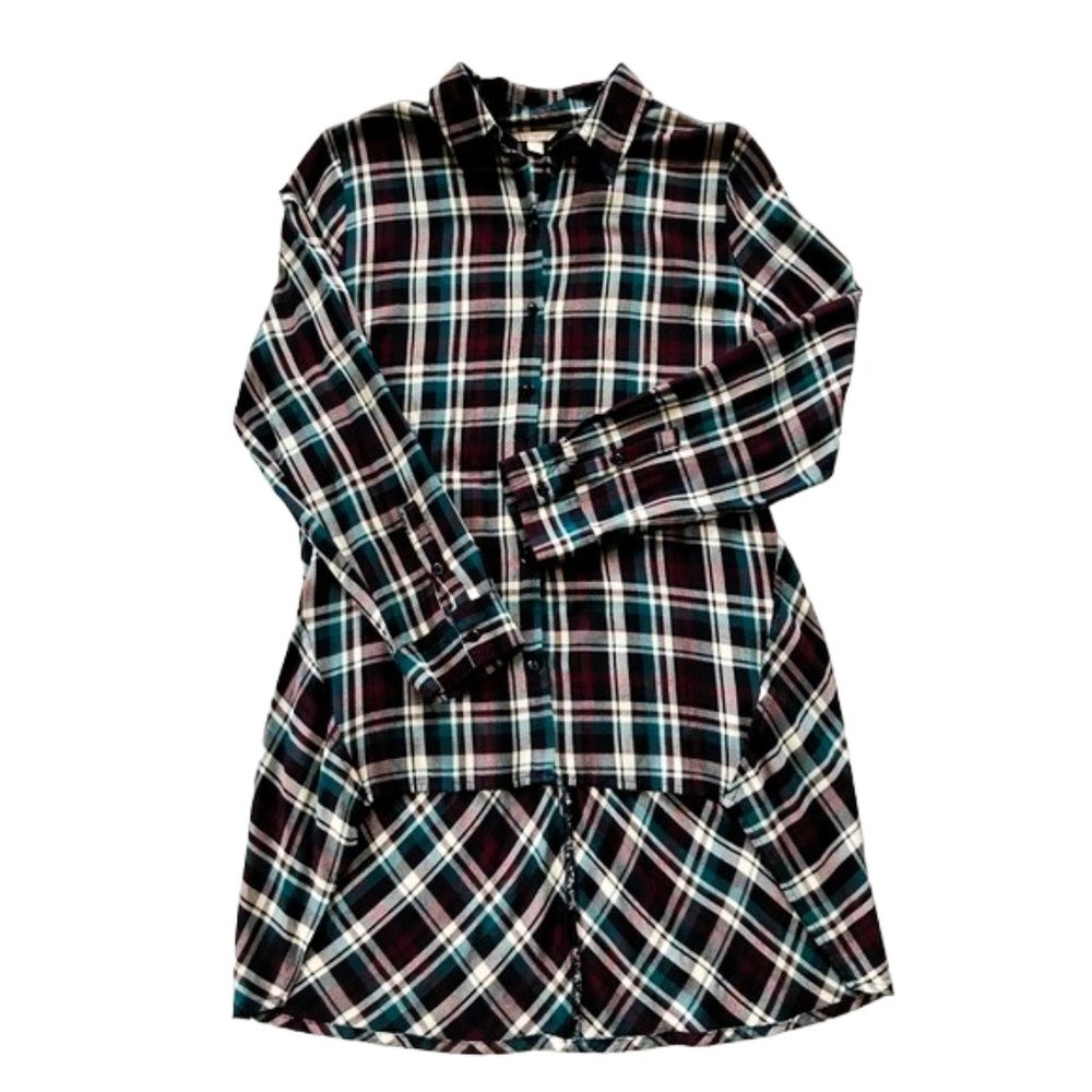 Cato Women's Tunic Shirt Button Up High Low Hem Plaid Teal Maroon Rayon Size L